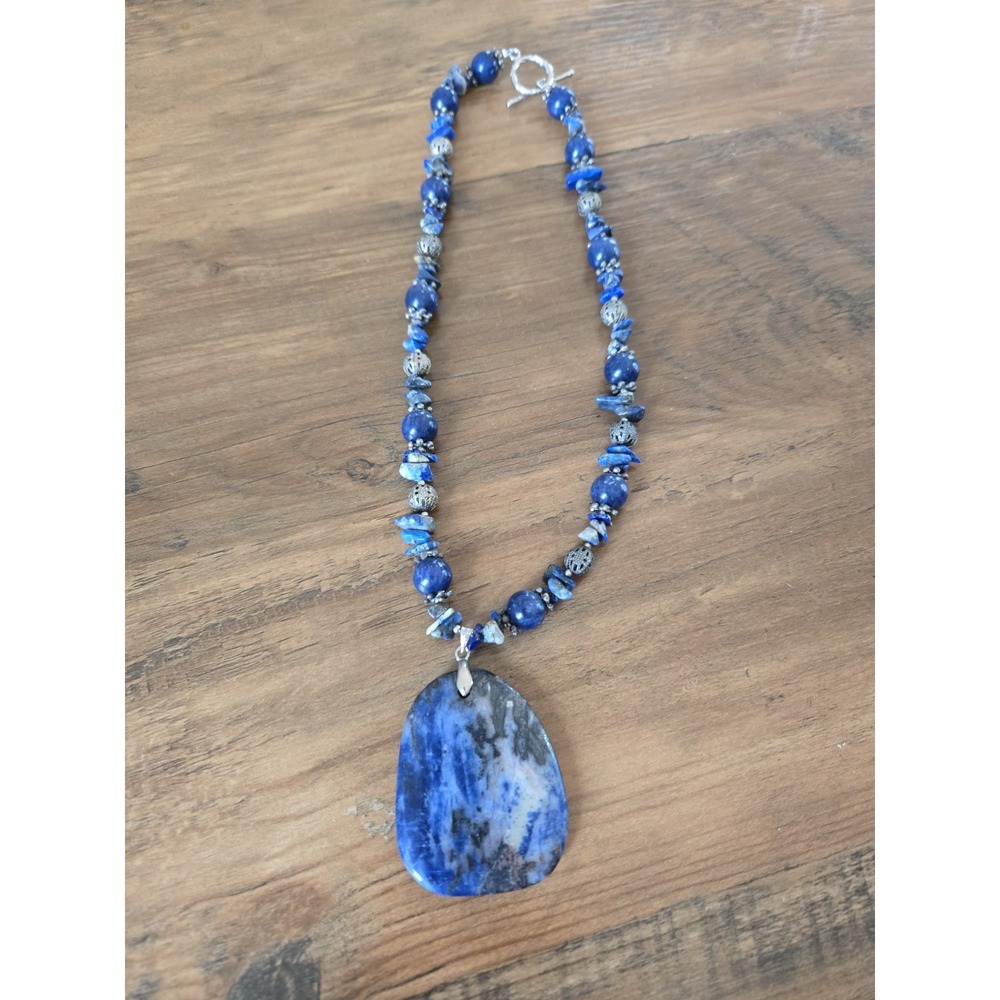 Vintage Sodalite Pendant Beaded Necklace Lapis Lazuli 18K GF Clamp Deep Blue - Picture 7 of 11